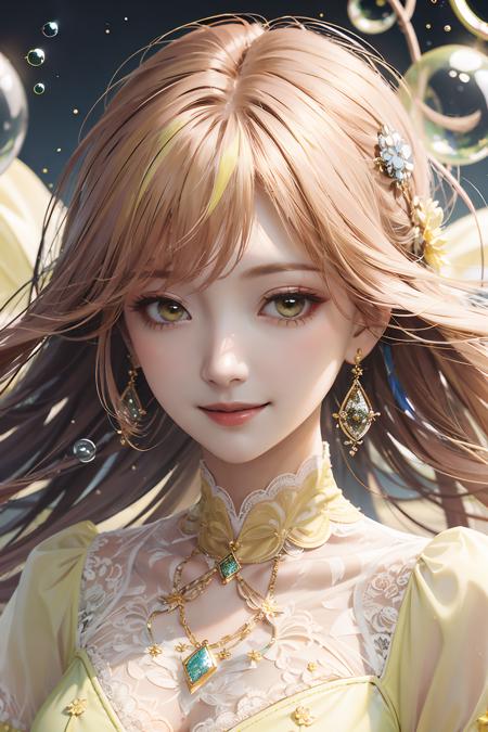 01974-1035183751-1girl,moyou,mature_female,(luminous skin_1.2), smile, pink curly hair,(gorgeous (yellow_1.5) lace dress),Face close-up,(rich det.png